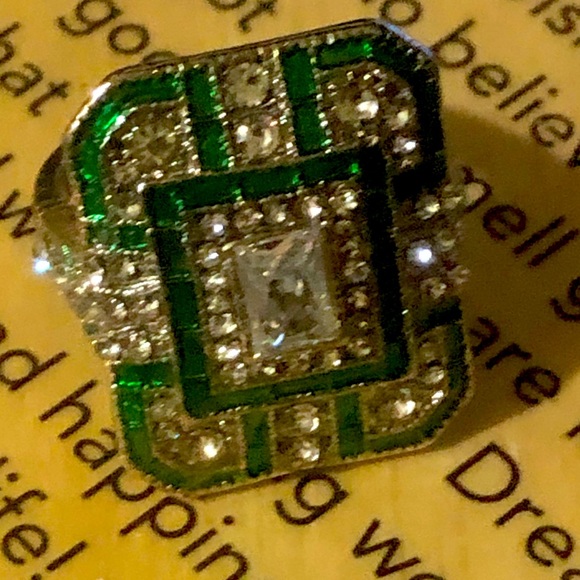 💚Green Emerald Rectangle/Square With Simulated Diamonds💎Wh Gold Filled, Silver - Picture 5 of 7